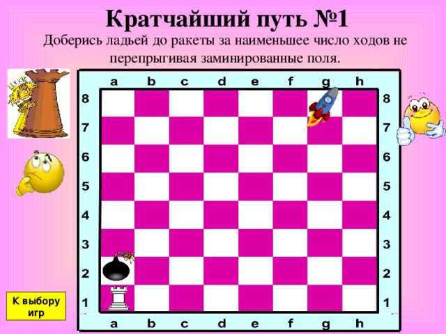 Кратчайший путь №1 Доберись ладьей до ракеты за наименьшее число ходов не перепрыгивая заминированные поля. К выбору игр 