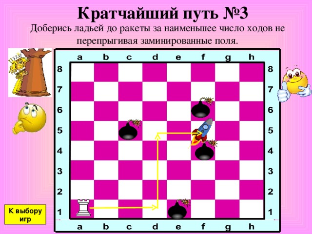 Кратчайший путь №3 Доберись ладьей до ракеты за наименьшее число ходов не перепрыгивая заминированные поля. К выбору игр 