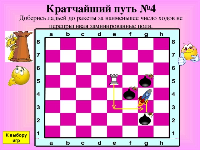 Кратчайший путь №4 Доберись ладьей до ракеты за наименьшее число ходов не перепрыгивая заминированные поля. К выбору игр 