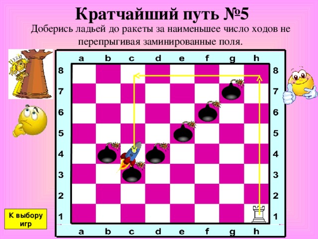 Кратчайший путь №5 Доберись ладьей до ракеты за наименьшее число ходов не перепрыгивая заминированные поля. К выбору игр 