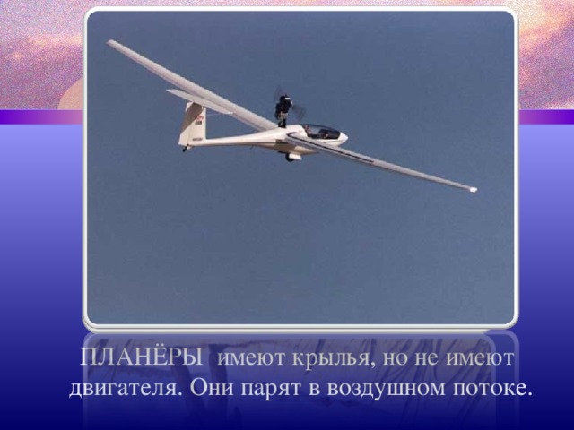  ПЛАНЁРЫ имеют крылья, но не имеют двигателя. Они парят в воздушном потоке. 