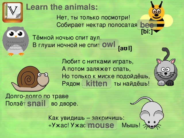 Learn the animals: Нет, ты только посмотри! Собирает нектар полосатая … bee [biː] Тёмной ночью спит аул. В глуши ночной не спит … owl [aʊl] Любит с нитками играть, А потом заляжет спать, Но только к миске подойдёшь, Рядом … ты найдёшь! kitten Начало урока. Введение НЛЕ или повторение изученных по теме животные. Можно прочитать стишки-запоминалки с названиями животных. Если возникли проблемы с транскрипцией, выделите слово, в шрифтах найдите Lucida Sans Unicode и попробуйте этот шрифт –должно получиться. Долго-долго по траве Ползёт … во дворе. snail Как увидишь – закричишь: «Ужас! Ужас! … Мышь! mouse  