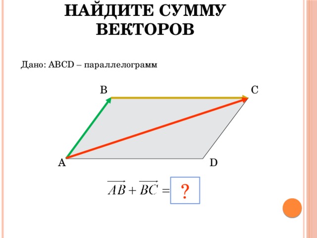 Найдите сумму векторов Дано: АВСD – параллелограмм  В С А D ?