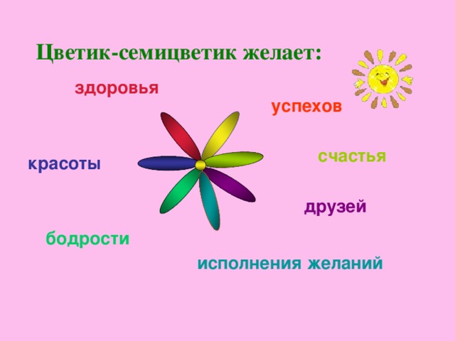 Цветик-семицветик желает: здоровья успехов счастья красоты друзей бодрости исполнения желаний 