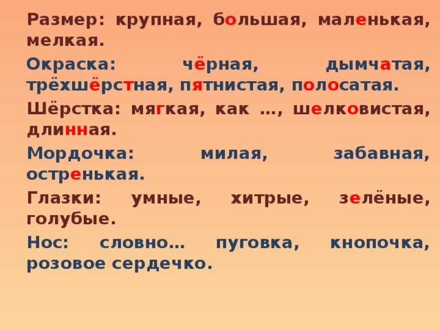 Размер: крупная, б о льшая, мал е нькая, мелкая. Окраска: ч ё рная, дымч а тая, трёхш ё рс т ная, п я тнистая, п о л о сатая. Шёрстка: мя г кая, как …, ш е лк о вистая, дли нн ая. Мордочка: милая, забавная, остр е нькая. Глазки: умные, хитрые, з е лёные, голубые. Нос: словно… пуговка, кнопочка, розовое сердечко.  