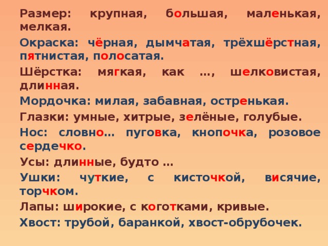 Размер: крупная, б о льшая, мал е нькая, мелкая. Окраска: ч ё рная, дымч а тая, трёхш ё рс т ная, п я тнистая, п о л о сатая. Шёрстка: мя г кая, как …, ш е лк о вистая, дли нн ая. Мордочка: милая, забавная, остр е нькая. Глазки: умные, хитрые, з е лёные, голубые. Нос: словн о … пуго в ка, кноп очк а, розовое с е рде чко . Усы: дли нн ые, будто … Ушки: ч у т кие, с кисто чк ой, в и сячие, тор чк ом. Лапы: ш и рокие, с к о го т ками, кривые. Хвост: трубой, баранкой, хвост-обрубочек. 