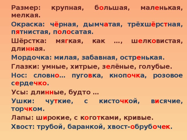 Размер: крупная, б о льшая, мал е нькая, мелкая. Окраска: ч ё рная, дымч а тая, трёхш ё рс т ная, п я тнистая, п о л о сатая. Шёрстка: мя г кая, как …, ш е лк о вистая, дли нн ая. Мордочка: милая, забавная, остр е нькая. Глазки: умные, хитрые, з е лёные, голубые. Нос: словн о … пуго в ка, кноп очк а, розовое с е рде чко . Усы: дли нн ые, будто … Ушки: ч у т кие, с кисто чк ой, в и сячие, тор чк ом. Лапы: ш и рокие, с к о го т ками, кривые. Хвост: трубой, баранкой, хвост- о бруб о ч ек . 