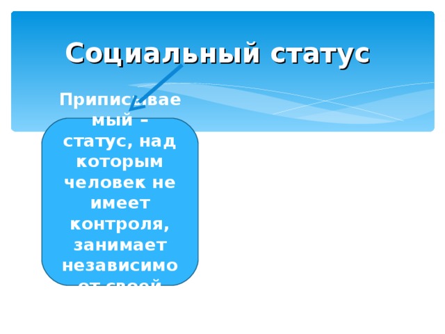 Социальный статус Приписываемый – статус, над которым человек не имеет контроля, занимает независимо от своей воли 
