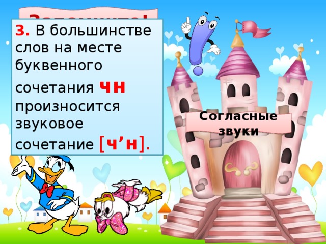 Запомните! 3. В большинстве слов на месте буквенного сочетания чн произносится звуковое сочетание [ ч’н ]. Согласные звуки