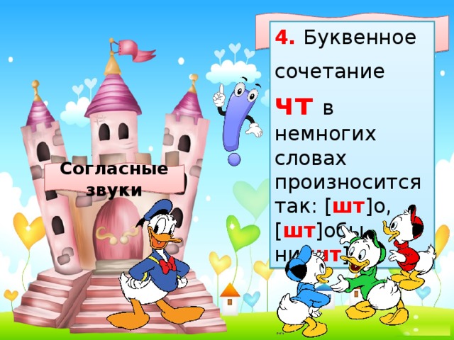 Запомните! 4. Буквенное сочетание  чт  в немногих словах произносится так: [ шт ]о, [ шт ]обы, ни[ шт ]о. Согласные звуки