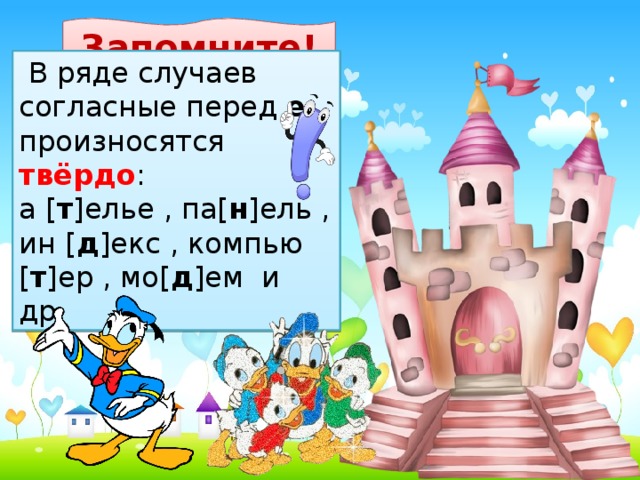 Запомните!   В ряде случаев согласные перед е произносятся твёрдо : а [ т ]елье , па[ н ]ель , ин [ д ]екс , компью [ т ]ер , мо[ д ]ем и др. Согласные звуки