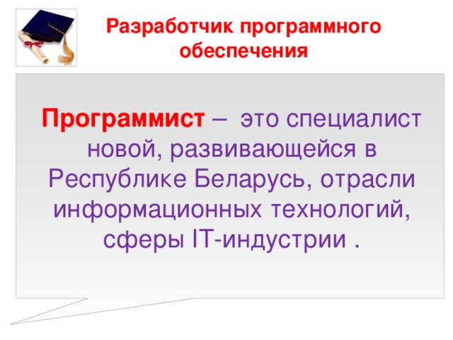 Разработчик программного  обеспечения Программист  – это специалист новой, развивающейся в Республике Беларусь, отрасли информационных технологий, сферы IT-индустрии . 
