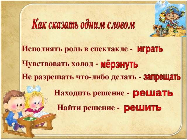 Исполнять роль в спектакле -  Чувствовать холод - Не разрешать что-либо делать - Находить решение - Найти решение - 