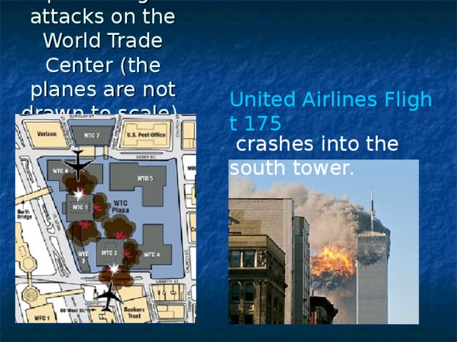 Map showing the attacks on the World Trade Center (the planes are not drawn to scale). United Airlines Flight 175 crashes into the south tower. 