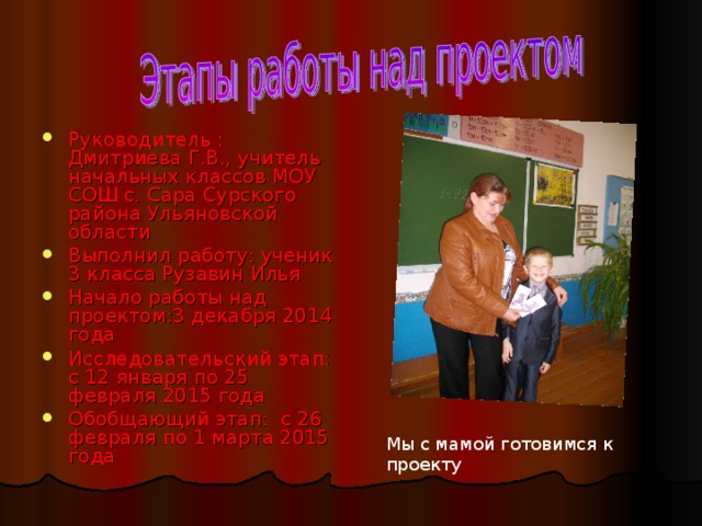Руководитель : Дмитриева Г.В., учитель начальных классов МОУ СОШ с. Сара Сурского района Ульяновской области Выполнил работу: ученик 3 класса Рузавин Илья Начало работы над проектом:3 декабря 2014 года Исследовательский этап: с 12 января по 25 февраля 2015 года Обобщающий этап: с 26 февраля по 1 марта 2015 года  Мы с мамой готовимся к проекту 