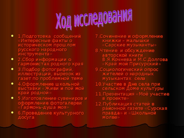 1.Подготовка сообщений «Интересные факты о историческом прошлом русского народного инструмента» 2.Сбор информации о гармонистах родного края 3.Подбор фотографий, иллюстраций, вырезок из газет по проблемной теме 4.Оформление школьной выставки «Живи и пой мой край родной» 5.Изготовление сувениров и оформление фотогалереи «Гармонь-душа моя» 6.Проведение культурного досуга 7.Сочинение и оформление книжки – малышки «Сарские музыканты» 8.Чтение и обсуждение авторской книги В.Я.Кочнева и М.С.Долгова «Край мой Присурский» 9.Социологический опрос жителей о народных музыкантах села 10.Участие в Дне села при сельском Доме культуры 11.Презентация «Моё участие в проекте» 12.Публикация статей в районной газете «Сурская правда» и «Школьной молве» 