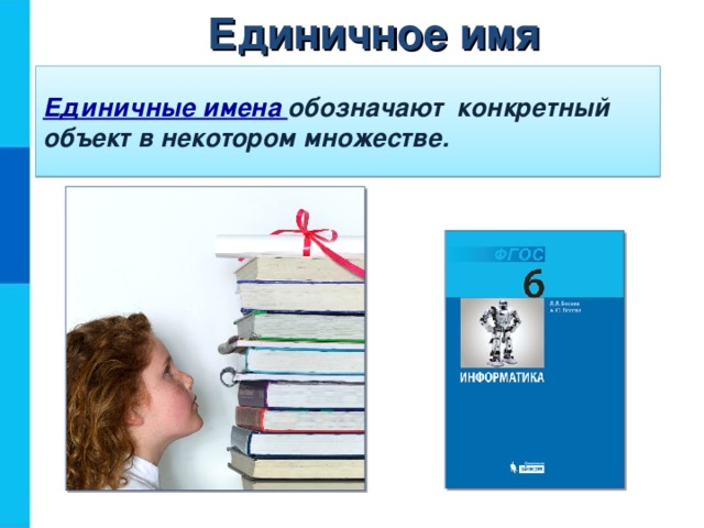 Единичное имя Единичные имена обозначают конкретный объект в некотором множестве.  