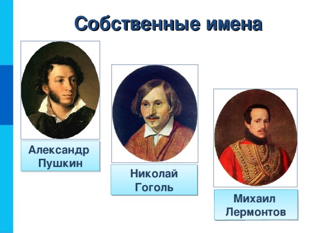 Собственные имена Михаил Лермонтов Александр Пушкин Николай Гоголь  