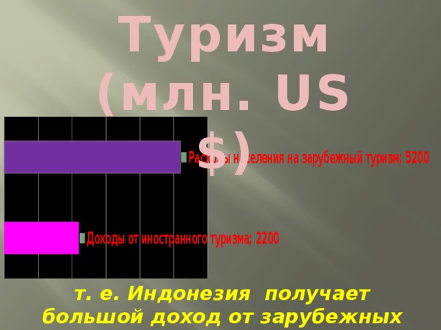 Туризм (млн. US $) т. е. Индонезия получает большой доход от зарубежных туристов. 