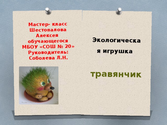 Мастер- класс  Шестопалова Алексея  обучающегося  МБОУ «СОШ № 20»  Руководитель: Соболева Л.Н.  Экологическая игрушка   травянчик 