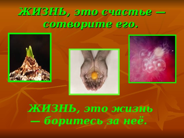ЖИЗНЬ, это счастье — сотворите его.  ЖИЗНЬ, это жизнь — боритесь за неё. 