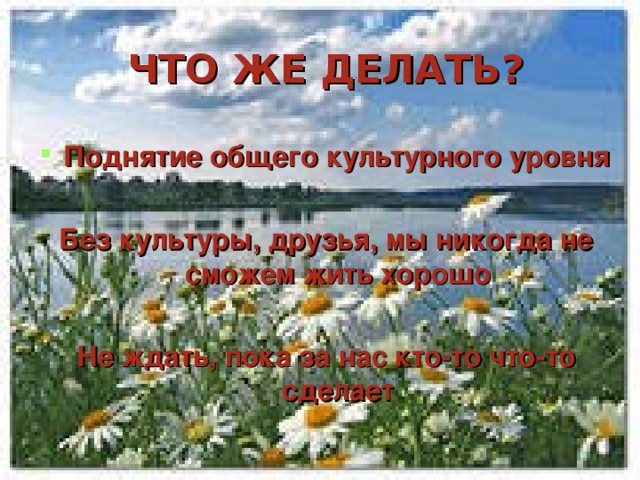 ЧТО ЖЕ ДЕЛАТЬ? Поднятие общего культурного уровня  Без культуры, друзья, мы никогда не сможем жить хорошо  Не ждать, пока за нас кто-то что-то сделает 