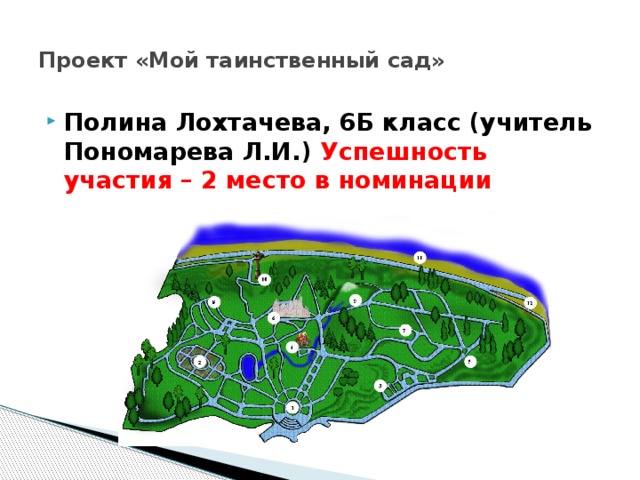 Проект «Мой таинственный сад» Полина Лохтачева, 6Б класс (учитель Пономарева Л.И.) Успешность участия – 2 место в номинации  