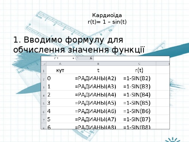  Кардиоїда  r(t)= 1 – sin(t)   1. Вводимо формулу для обчислення значення функції  