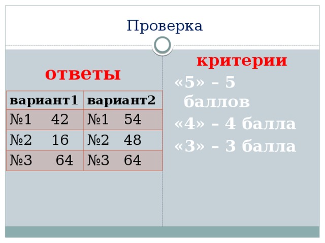  Проверка  критерии «5» – 5 баллов «4» – 4 балла «3» – 3 балла ответы вариант1 вариант2 № 1 42 № 1 54 № 2 16 № 2 48 № 3 64 № 3 64 