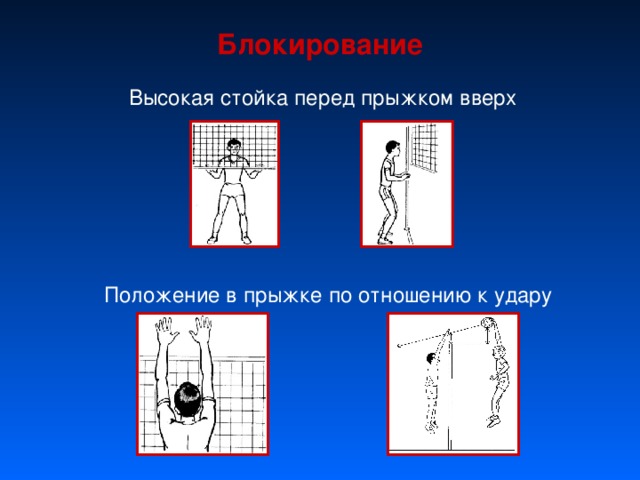 Блокирование Высокая стойка перед прыжком вверх Положение в прыжке по отношению к удару 