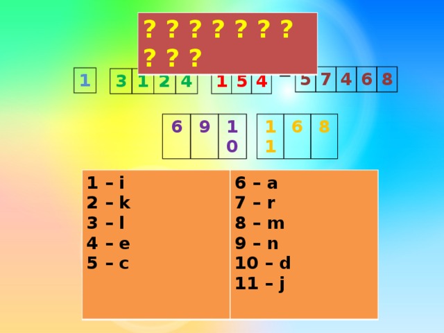 ? ? ? ? ? ? ? ? ? ? 5 7 4 6 8 1 1 5 3 1 4 2 4 6 11 9 6 10 8 1 – i 2 – k 6 – a 3 – l 7 – r 4 – e 8 – m 5 – c 9 – n  10 – d 11 – j  