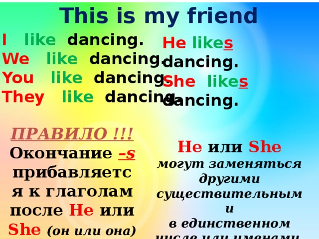 This is my friend I like dancing. We  like dancing. You like dancing. They like dancing. He like s  dancing. She  like s  dancing.  ПРАВИЛО !!! Окончание –s прибавляется к глаголам после He или She  (он или она) He или She  могут заменяться другими существительными в единственном числе или именами. 