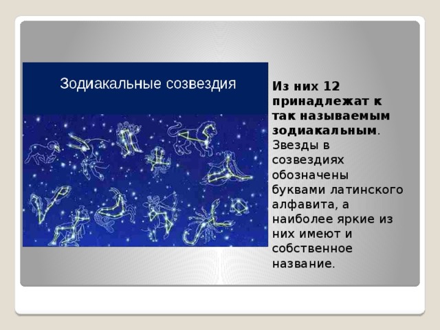 Из них 12 принадлежат к так называемым зодиакальным . Звезды в созвездиях обозначены буквами латинского алфавита, а наиболее яркие из них имеют и собственное название. 