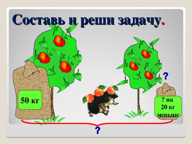 Составь и реши задачу . 50 кг ? на 20 кг меньше 