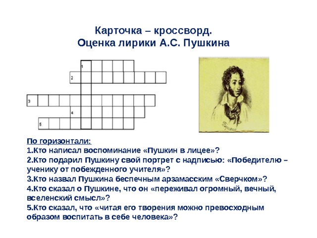 Карточка – кроссворд. Оценка лирики А.С. Пушкина По горизонтали: Кто написал воспоминание «Пушкин в лицее»? Кто подарил Пушкину свой портрет с надписью: «Победителю – ученику от побежденного учителя»? Кто назвал Пушкина беспечным арзамасским «Сверчком»? Кто сказал о Пушкине, что он «переживал огромный, вечный, вселенский смысл»? Кто сказал, что «читая его творения можно превосходным образом воспитать в себе человека»? 