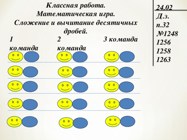 Классная работа. Математическая игра. Сложение и вычитание десятичных дробей. 24.02 Д.з. п.32 № 1248 1256 1258 1263 1 команда 2 команда 3 команда 0 1 1 0 1 0 1 1 0 0 1 0 0 0 0 1 1 1 0 0 1 1 0 1 0 0 1 1 1 0 