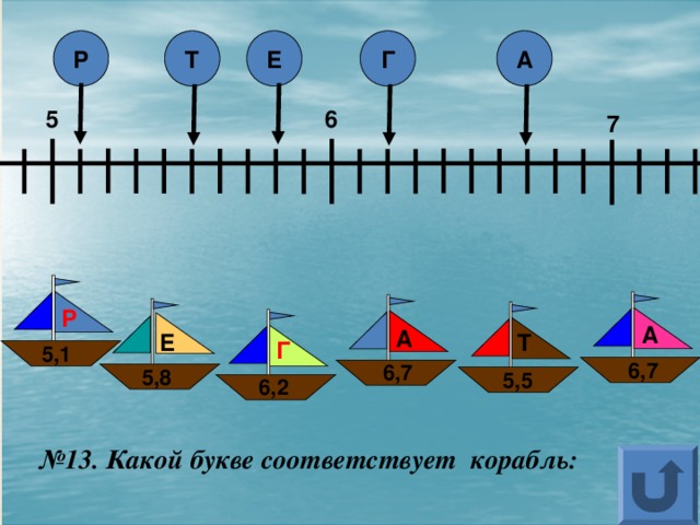 Р Г А Т Е 5 6 7 Р А А Е Т Г 5,1 6,7 6,7 5,8 5,5 6,2 № 13. Какой букве соответствует корабль: 