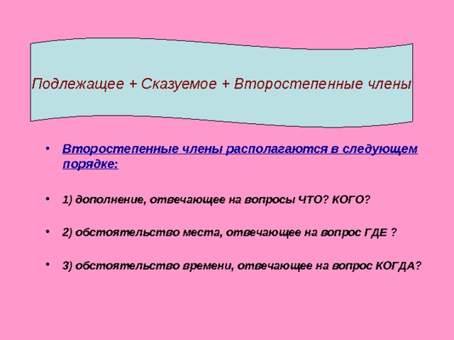 Подлежащее + Сказуемое + Второстепенные члены Второстепенные члены располагаются в следующем порядке:  1) дополнение, отвечающее на вопросы ЧТО ? КОГО ?  2) обстоятельство места, отвечающее на вопрос ГДЕ ?  3) обстоятельство времени, отвечающее на вопрос КОГДА ?  