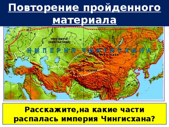 Повторение пройденного материала Расскажите,на какие части распалась империя Чингисхана?  