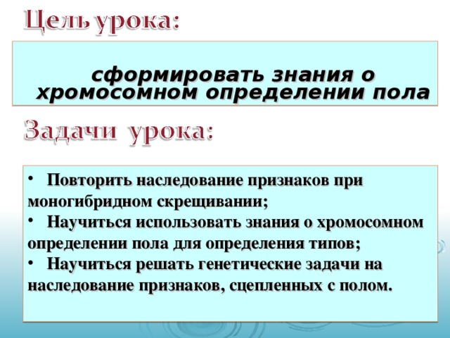 сформировать знания о хромосомном определении пола   Повторить наследование признаков при моногибридном скрещивании;  Научиться использовать знания о хромосомном определении пола для определения типов;  Научиться решать генетические задачи на наследование признаков, сцепленных с полом.