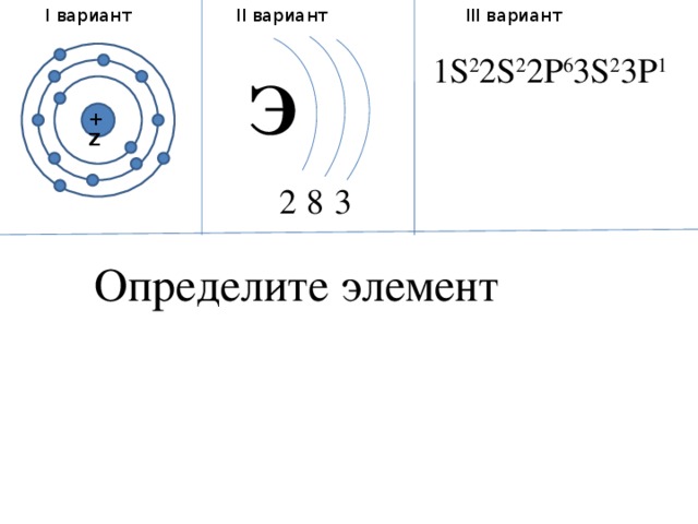 I вариант III вариант II вариант  1 S 2 2S 2 2P 6 3S 2 3P 1 Э + Z 2 8 3 Определите элемент 