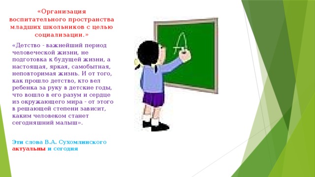 «Организация воспитательного пространства младших школьников с целью социализации.» «Детство - важнейший период человеческой жизни, не подготовка к будущей жизни, а настоящая, яркая, самобытная, неповторимая жизнь. И от того, как прошло детство, кто вел ребенка за руку в детские годы, что вошло в его разум и сердце из окружающего мира - от этого в решающей степени зависит, каким человеком станет сегодняшний малыш».   Эти слова В.А. Сухомлинского актуальны и сегодня 
