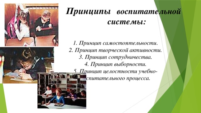 Принципы  воспитательной  системы: 1. Принцип самостоятельности. 2. Принцип творческой активности. 3. Принцип сотрудничества. 4. Принцип выборности. 5.  Принцип целостности учебно-воспитательного процесса. 