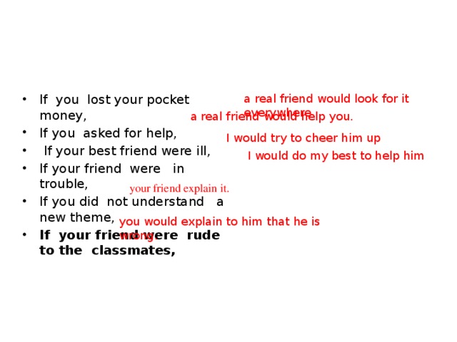 a real friend would look for it everywhere If you lost your pocket money, If you asked for help,  If your best friend were ill, If your friend were in trouble, If you did not understand a new theme, If your friend were rude to the classmates, a real friend would help you. I would try to cheer him up I would do my best to help him your friend explain it. you would explain to him that he is wrong. 