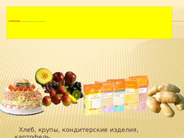    УГЛЕВОДЫ- источник энергии, помогают экономно расходовать белки       Хлеб, крупы, кондитерские изделия, картофель. 