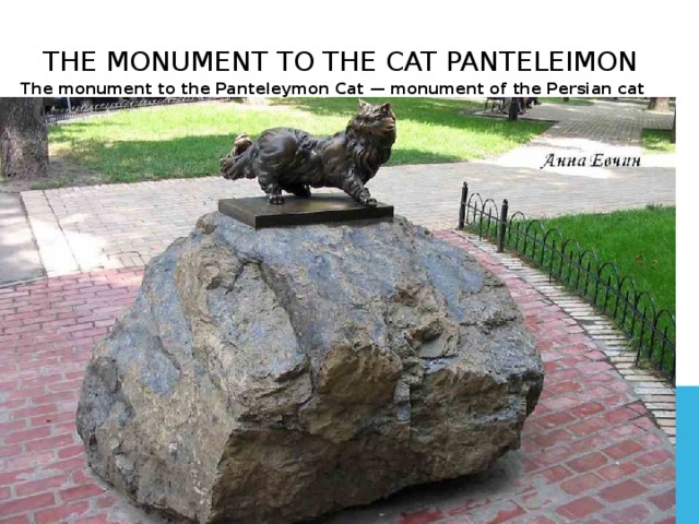  The Monument To The Cat Panteleimon The monument to the Panteleymon Cat — monument of the Persian cat Panteleymon in Kiev, delivered in 1998 in the Golden gate square, opposite the restaurant 