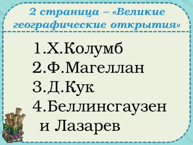 Х.Колумб Ф.Магеллан Д.Кук Беллинсгаузен и Лазарев