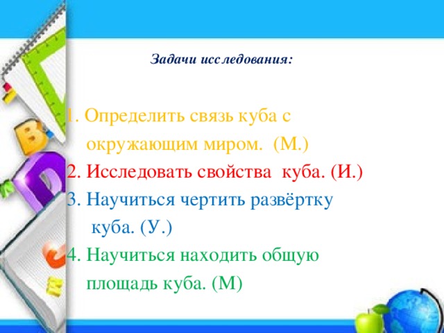   Задачи исследования:  1. Определить связь куба с  окружающим миром. (М.)  2. Исследовать свойства куба. (И.)  3. Научиться чертить развёртку  куба. (У.)  4. Научиться находить общую  площадь куба. (М) 