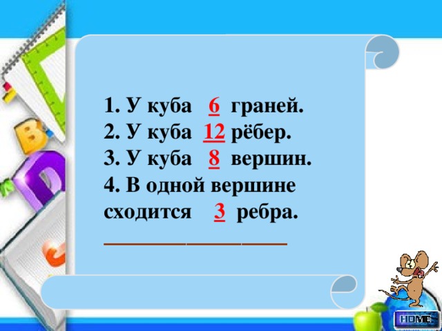   1. У куба 6 граней. 2. У куба 12 рёбер. 3. У куба 8 вершин. 4. В одной вершине сходится 3 ребра. ____________________ 