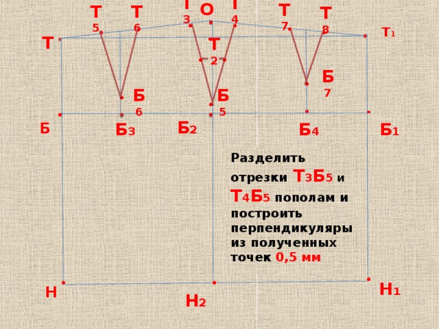 Т 4 Т 3 О  Т Т 6 Т 5 Т 7 Т 8 Т 1 Т 2 Б 7  Б Б 5 Б 6 Б 1 Б 2 Б 3 Б 4 Разделить отрезки  Т 3 Б 5 и  Т 4 Б 5 пополам и построить перпендикуляры из полученных точек 0,5 мм   Н 1  Н Н 2 